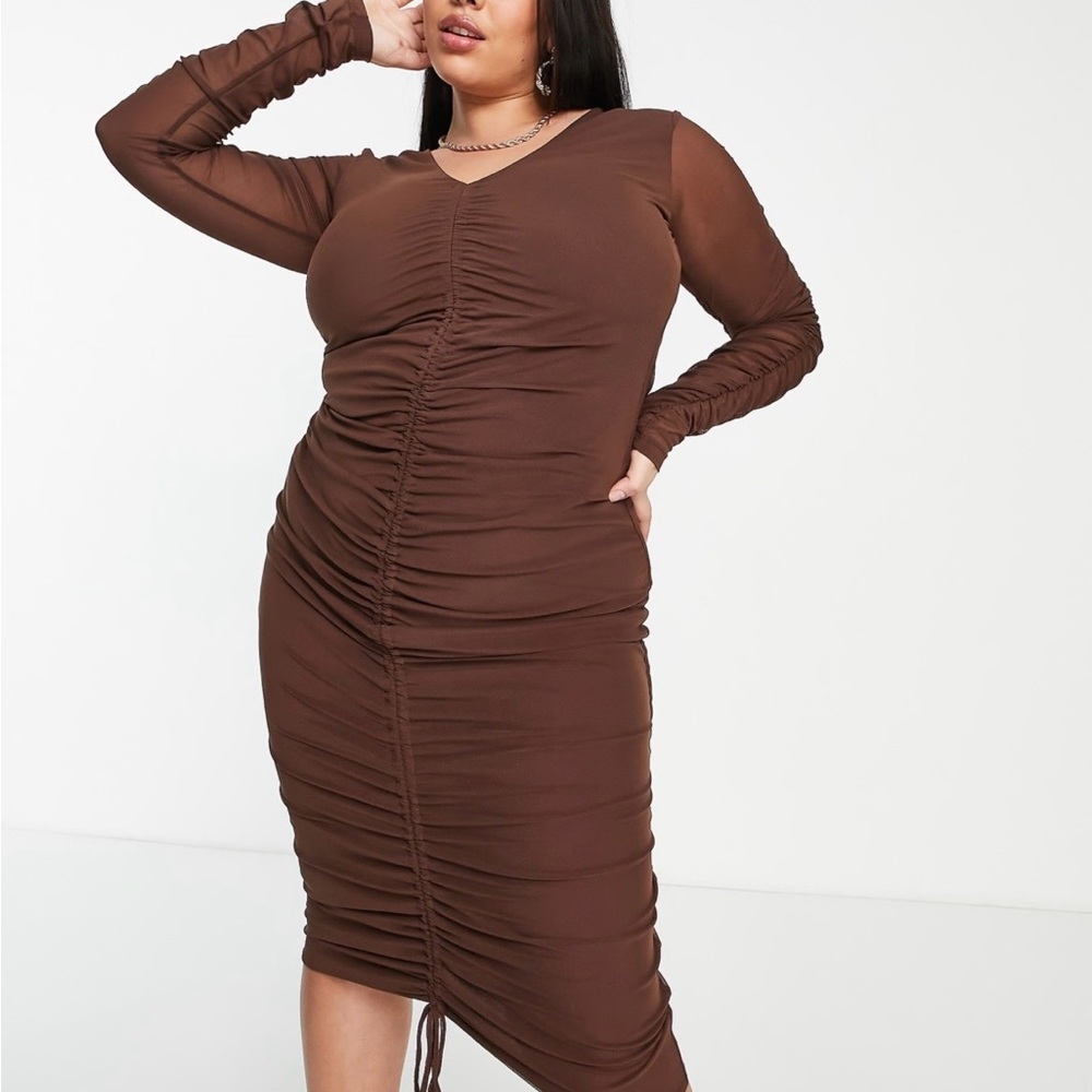 ASOS Brown Ruched Long Sleeve Mesh Midi Dress